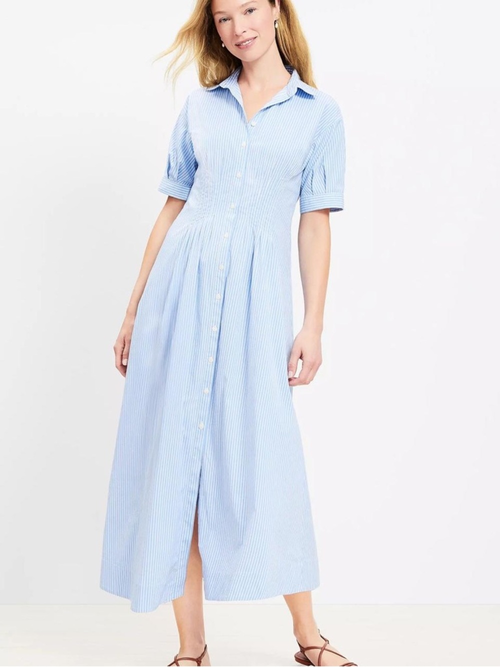 NWT LOFT Blue & White Striped Pleated Shirtdress - Size 4